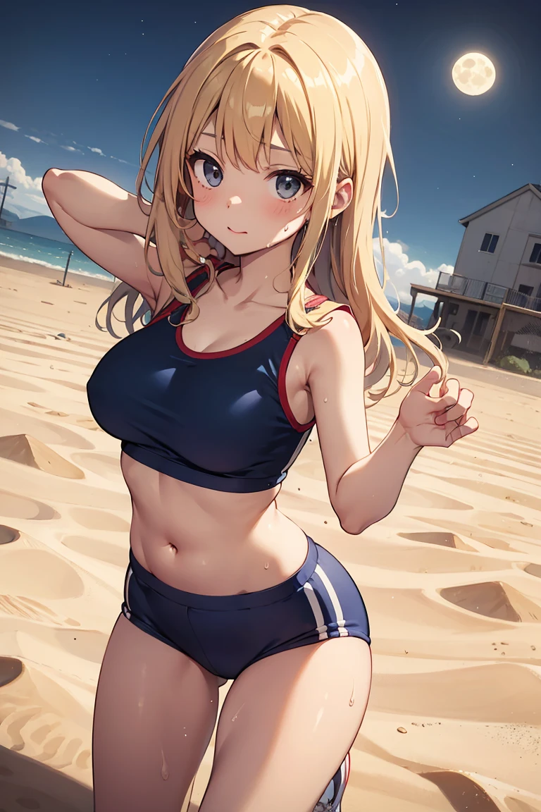 (perfect face,light bronde hair,perfect grey eyes,clare,small bikini,nipple slip,navy-blue buruma,high leg buruma,skindentation:1.2),(masterpiece:1.3), (score_9,score_8_up,score_7_up:1.3),(gigantic ,excessive gigantic voluptuous super mature teenage toned body, excessive plumpy pussy:1.3), (excessive blushing, aroused face, excessive intense trembling:1.2),at stadium, (source_anime, screencap, anime screencap, official screencap:1.2), (teen, young female, daughters:1.1),standing, angry, arms behind head,posing,