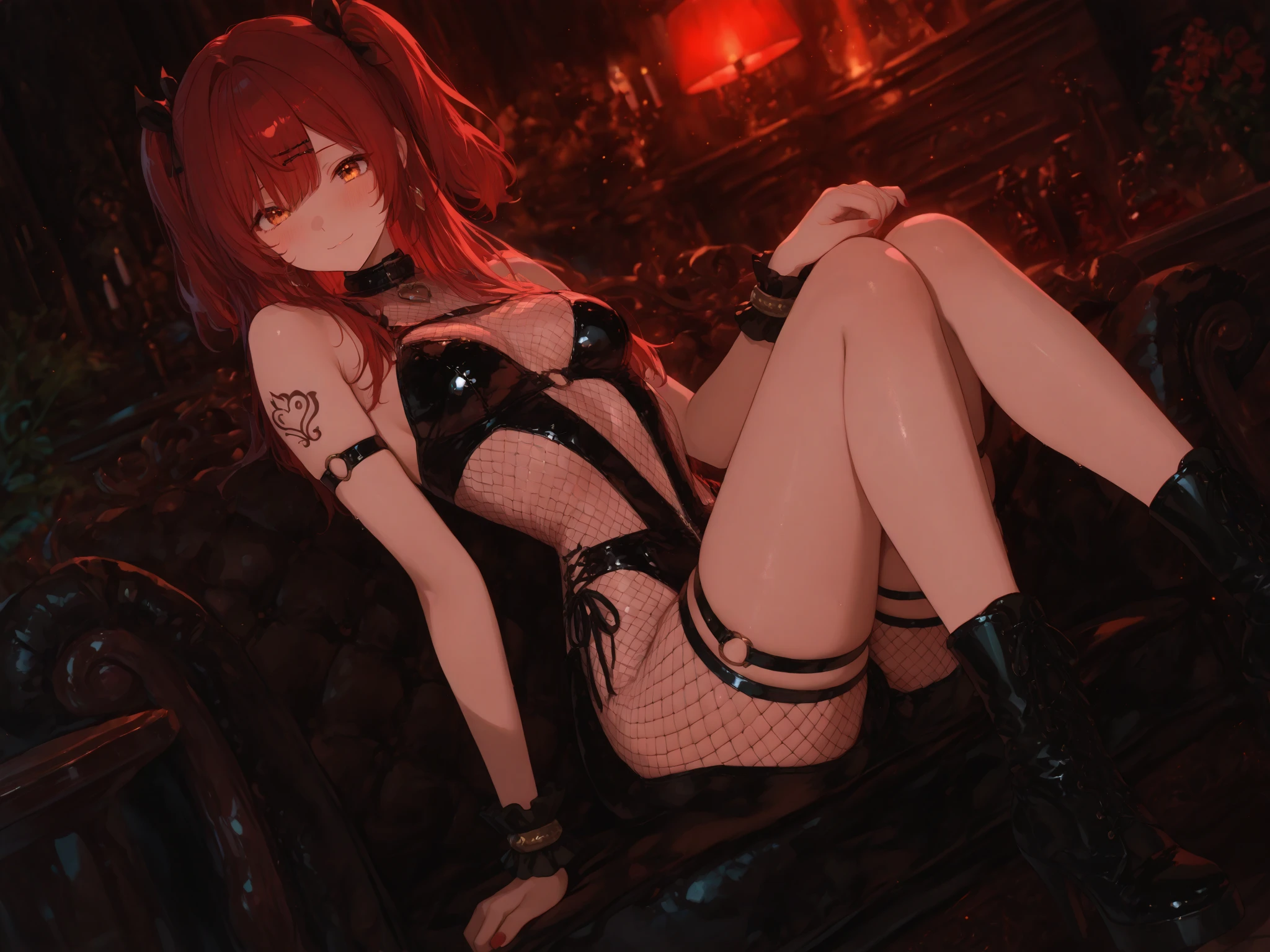 Anime filling,Two-dimensional illustration,Red hair,Half Twin Tail,shorth hair,Big eyes,A smile,a beauty girl,cute little,Super Cute,Black cat ears,Red Eyes,Ruffled Clothes,Black lace clothes,Inner colorGreen,One girl,Full body painting,A masterpiece of 2D art,(masterpiece,Top image quality:1.3),(detaile:1.2),(女の子1人),swim wears