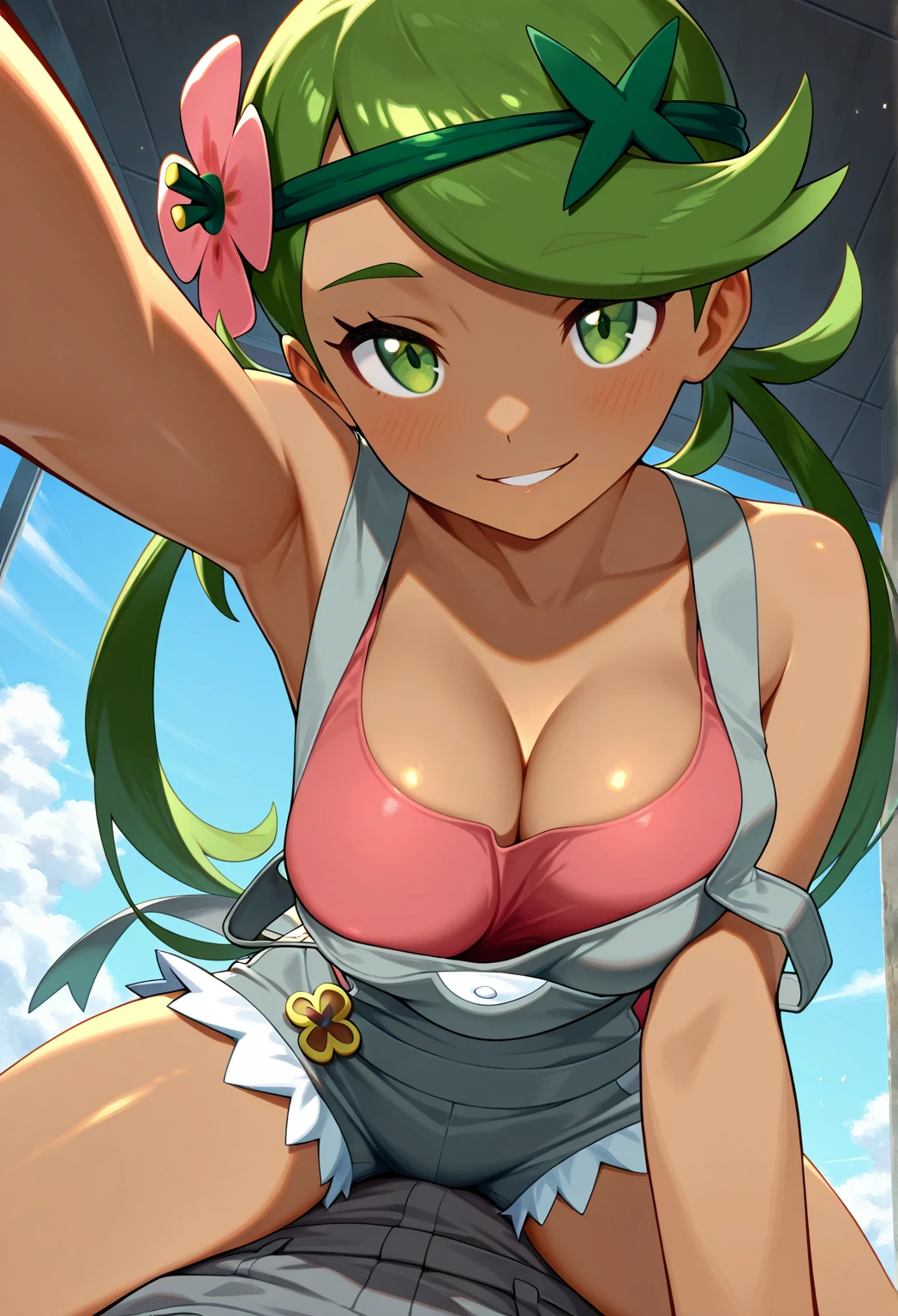 1 girl, orc, ((skin color dark green)), ((detailed face)), milf, wear (white skimpy leotard), day time beach background, standing, looking at camera, arms behind head, UHD, bokeh, ray tracing