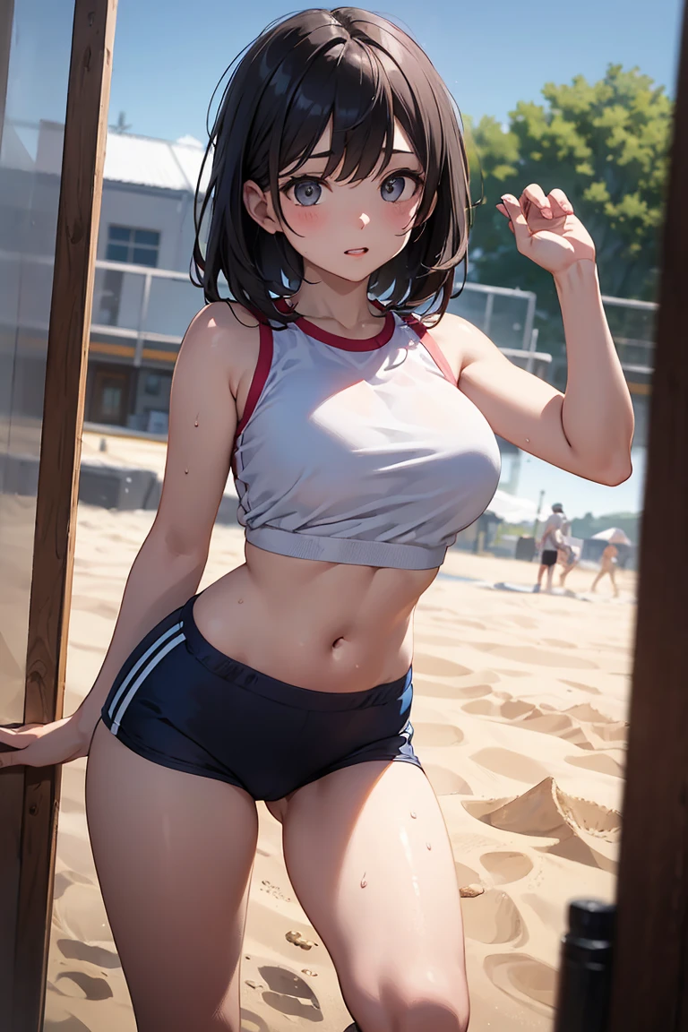 quietmetalgear, ponytail, wide hips, thighs, solo girl, beach_volley, brown hair, ponytail, green eyes, long hair, top