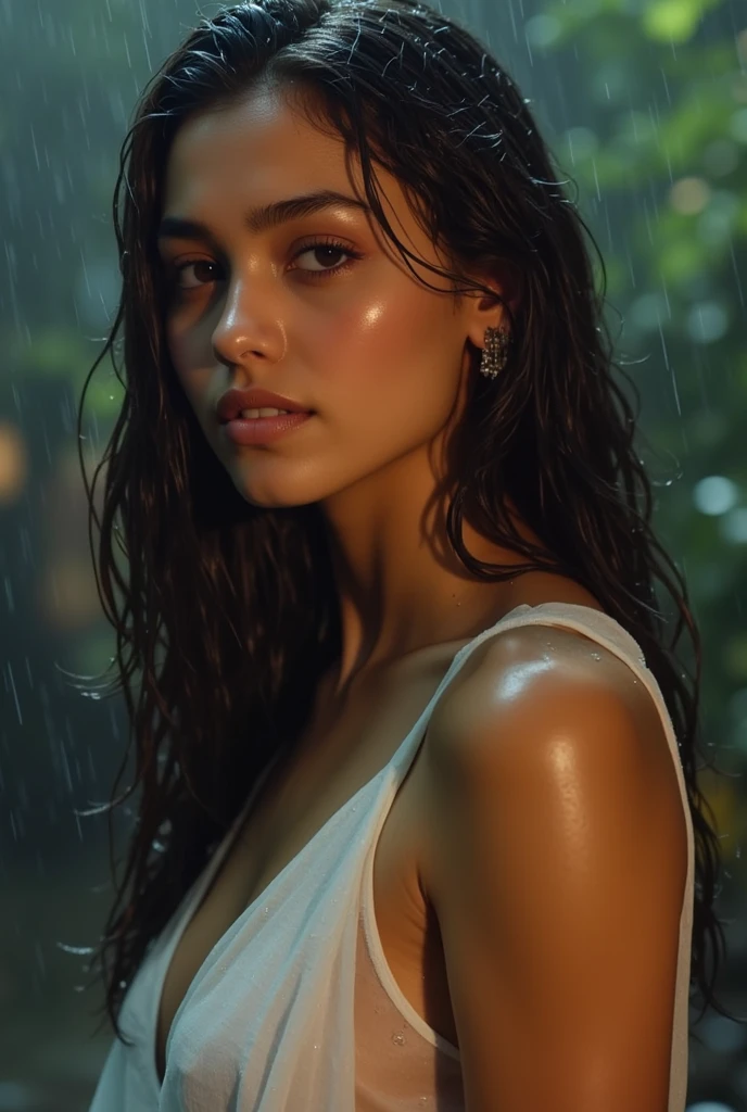 woman stands outside in the rain, shimmering skin, finest luxury, reflecting rain light on her, (she's soaking wet from the pouring rain, standing outside in open next to street light)), most beautiful woman on earth, (her hair is (dripping wet:1.2), she glistens with natural light glow, radiant skin) , long wet hair, (her summer dress soaked), a stunning American woman, Her skin is wet,, she smiles, outside, (relaxed , happy and refreshed)), (hyper-detailed wet dress, fabric, (rain drops visible in air, backlit)), (highest quality fabric texture), lush wet clothes with accent highlights, film quality, rain drops in air, splashing behind, puddles(ultra-realistic , rainy sky, atmosphere ,soft accent light, gorgeous Rembrandt style lighting, (Rembrandt patch)), (highest quality wet fabric texture), matte dress fabrics, Her wet drenched hair, ultra-realistic, adorned with long lashes, the color of fireflies, a world of passion. Finely detailed,(Fine-grained), (highest detail skin texture peach-fuzz earlobe realistic, water droplets) ○○ res – ultra high high resolution , very high texture (water highlights resolution), Photorealistic hands and fingers – (photorealistic beautiful 4k) , 8K,extreme detail, close and intimate, she looks to camera, teasing, Her perfectly sculpted lips, lifelike, highly real natural lips. she is a, Vermeer, a work of art, enticing. indulge in desire.solo woman, (highest quality fabric texture), light hair, every detail,Fine facial features, Masterpiece – Masterpiece ○○ quality – (Highest Quality) ,Leica film, High quality ○○ detailed – ○○ details ultra detailed(Ultra-fine ), Photorealistic, Extremely detailed(Extremely detailed) , Finely detailed, (highest detail water drops realistic)○○ res – ○○ resolution ultra high res(A high resolution)