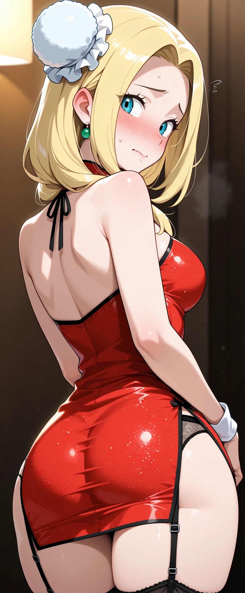 rosalina, crown, red dress, long dress, strapless dress, backless dress, long white elbow gloves, smile, light red lipstick, dark purple eye shadow, makeup, black choker, cowboy shot