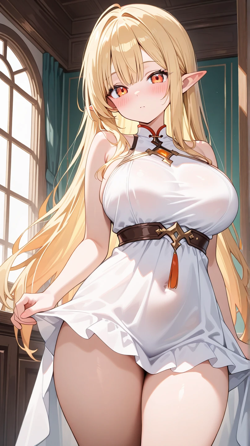 A woman with big ，Gorgeous woman，((Exposed))，Expose，Transparent chest，White lace skirt，Long blond hair，Exquisite，rose Garden，Laughter，