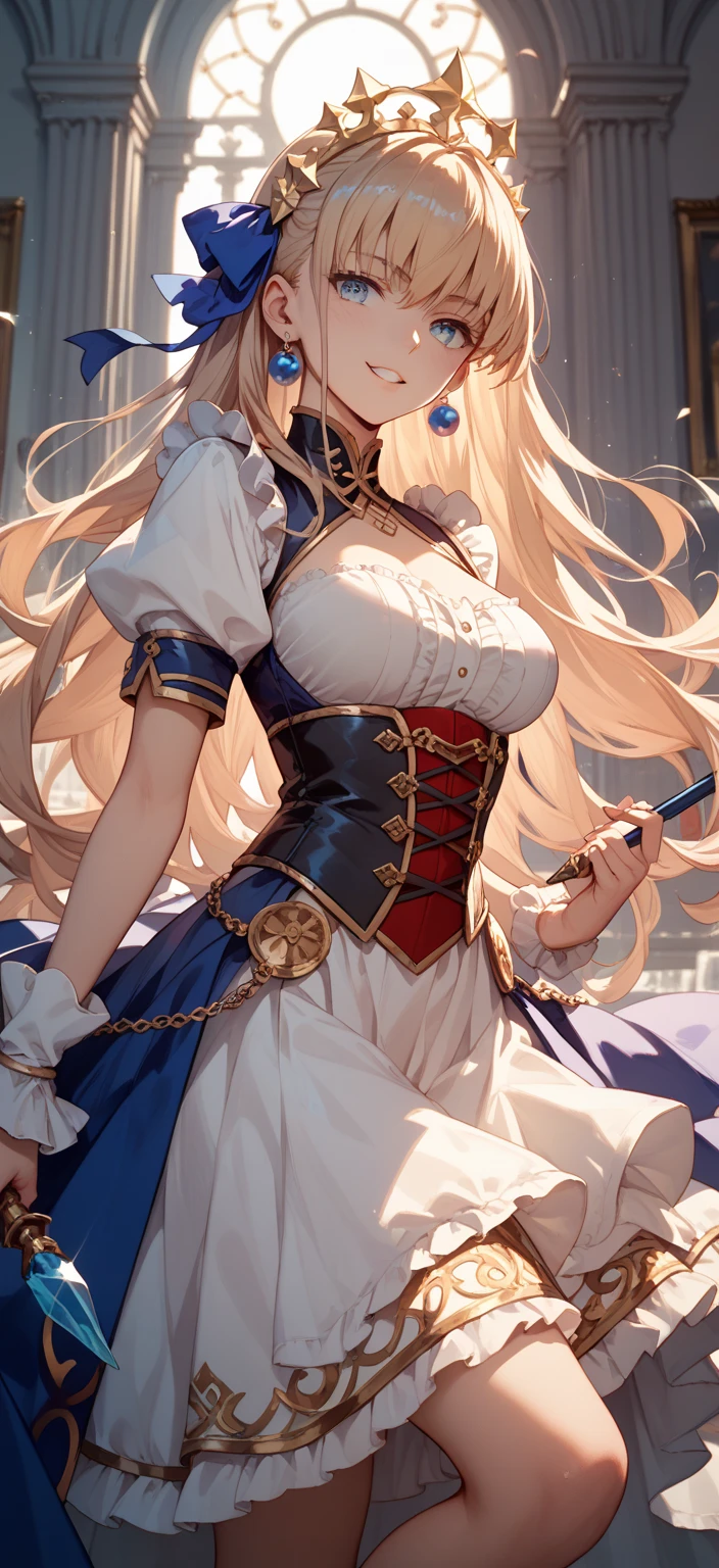 Masterpiece, Best quality, 1girl, solo, long-hair, thighhighs, breasts, striped, blonde-hair, flower, blue-eyes, rose, striped-thighhighs, full-body, dress, looking-at-viewer, blush, tiara, detached-sleeves, cleavage, medium-breasts, holding, bare-shoulders, closed-mouth, black-footwear, white-dress, standing, red-rose, hand-on-hip, bow, bangs, very-long-hair, ahoge, red-flower, hair-between-eyes, gauntlets, halterneck, red-bow, frills, shoes, skirt, footwear-bow, armpits, flag, antenna-hair, criss-cross-halter, weapon, collarbone, clothing-cutout, crown, floral-print, headpiece
