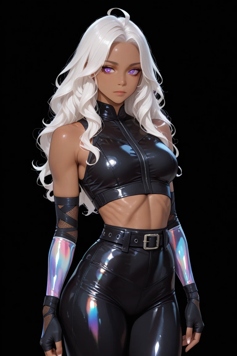 ​masterpiece, best quality, Ultra-detail, Illustration, 1 girl, icywinx, alone, very long hair, black open leather jacket, Jeans, belt, Creolen, navel, Fantasies, leather boots, spread legs, hochnäsiger Blick, closed mouth, Fantasies worlds, Komposition,  
