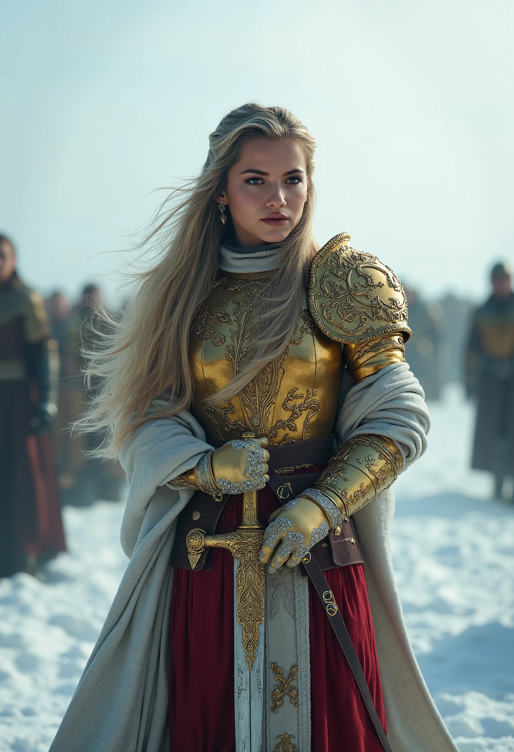 : "On a snow-covered battlefield, a valiant warrior woman stands, dressed in intricate medieval armor adorned with gold and red details. The warrior's long, flowing blond hair falls down her back as she clutches a shiny, sword ornamented in one hand, ready for battle. Behind her, a legion of armored allies prepare for the impending conflict, her figures almost invisible through the spinning snow. The atmosphere is tense, with a cold wind howling through the air, transporting the distant sounds of war. The detailed craftsmanship of the armor, the fierce determination in the warrior's eyes, and the dramatic, winter landscape combine to create a scene of epic proportions, rich in narrative potential and visual splendor. This scenario, captured in impressive 4K resolution and HDR quality, brings to life the austere beauty and raw power of a medieval fantasy kingdom, perfect for creating immersive narratives or game design elements."