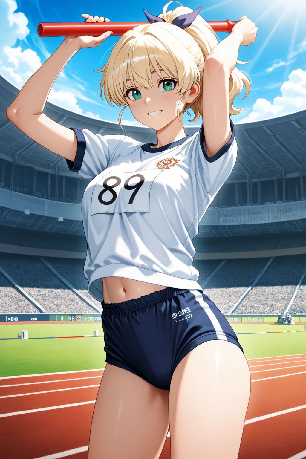 (In 8K、Super high resolution、highest quality、Masseter muscle part、RAW portrait of a Japanese-American mixed race girl、Super high resolution、highest quality:1.1) (huge breasts、pretty big breasts:1.3)(running wear、High Leg Racing Bloomers、running shoes、tracking & field athlete:1.5)(Low - Angle、athletics stadium、Twosome:1.4) break (natural skin texture、fine skin、hyper realism、Super sharpness)、intricate details、Depth of bounds written(masterpiece、highest quality、high detail、Photoreal:1.1)、((Pretty Blonde Shortcuts)、Big eyes、Clear double eyelids、crisp double、small face、cute smile:1.18)(look at the viewer、eye highlights、light brown eyes、lip gloss)