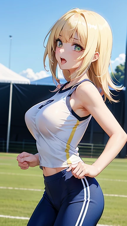 (masutepiece, Best Quality, hight resolution, absurderes, Ultra-detailed:1.3), 1girl in, (Juliet Sterling, Twin-tailed,cheer girl, croptop, clothes writing, Skirt, thighs thighs thighs thighs, Belt bag, wristbands, Midriff, Blonde hair, Blue eyes:1.3)(school gym, Wink, Happy),