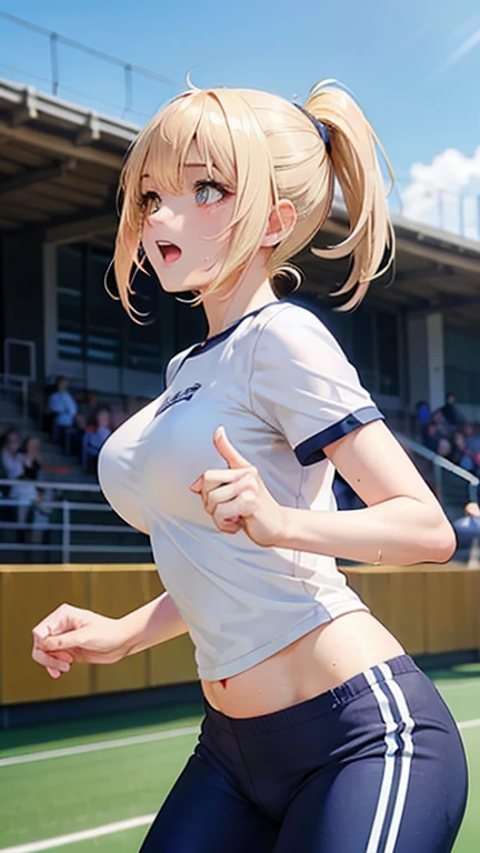 1womanl,Golden hair,14 year old beautiful breasts,(((White short sleeve gym clothes)),((Blue shorts、Smile with open mouth)),(Wet with sweat),((( portlate))),Crowds,(()),((athletic field)),((())),outside of house,,Beautiful ponytail,(((Bra visible through T-shirt)))(())