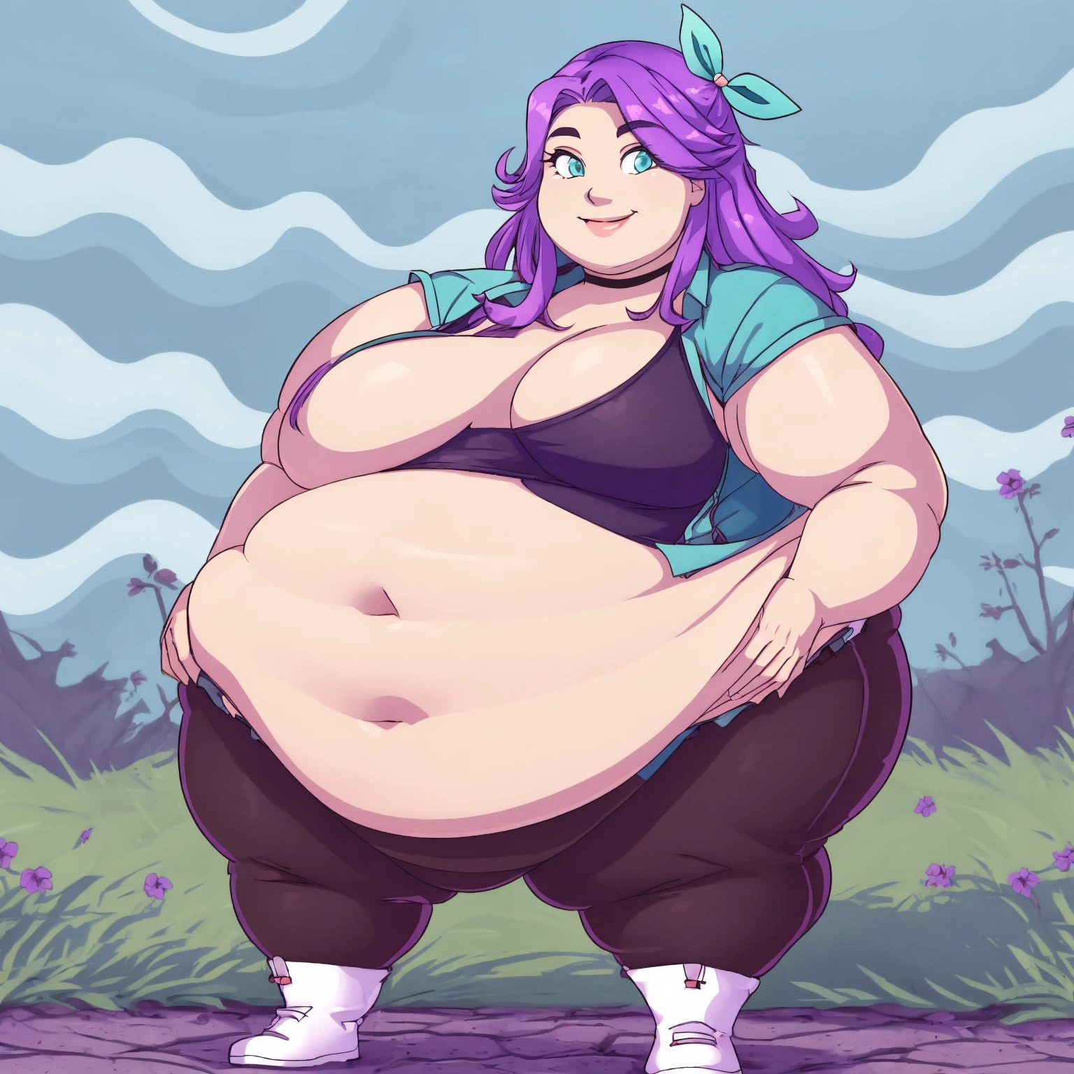 Plump, Farm, 1girl, black choker, blue jacket, boots, choker, closed mouth, cloud, looking at viewer, hair ribbon, large breasts, long hair, purple hair, pink lips, shirt, sleeveless shirt, smile, solo, vest, Round face, double chin, fat chin, fat cheeks, fat neck, round face, SSBBW, flabby arms, round face, double chin, fat double chin, big double chin, fat neck, chubby cheeks, fat thighs, fat calves, morbidly obese, flabby boobs, giant boobs, large belly, obese, fat face, belly, double chin, obesity, flabby breasts, fat arms and legs, fat everything,