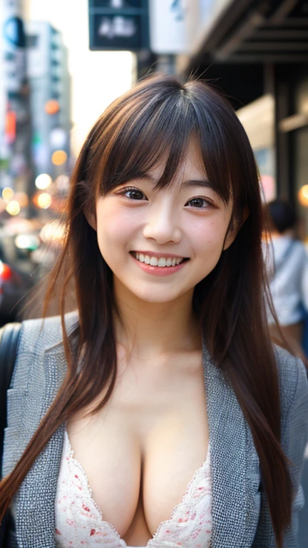 masterpiece,best quality,(Japanese ),((Beautiful girl)),cleavage,(perfect body beauty:1.2),(shy smile),beautiful teeth,Shibuya scramble crossing