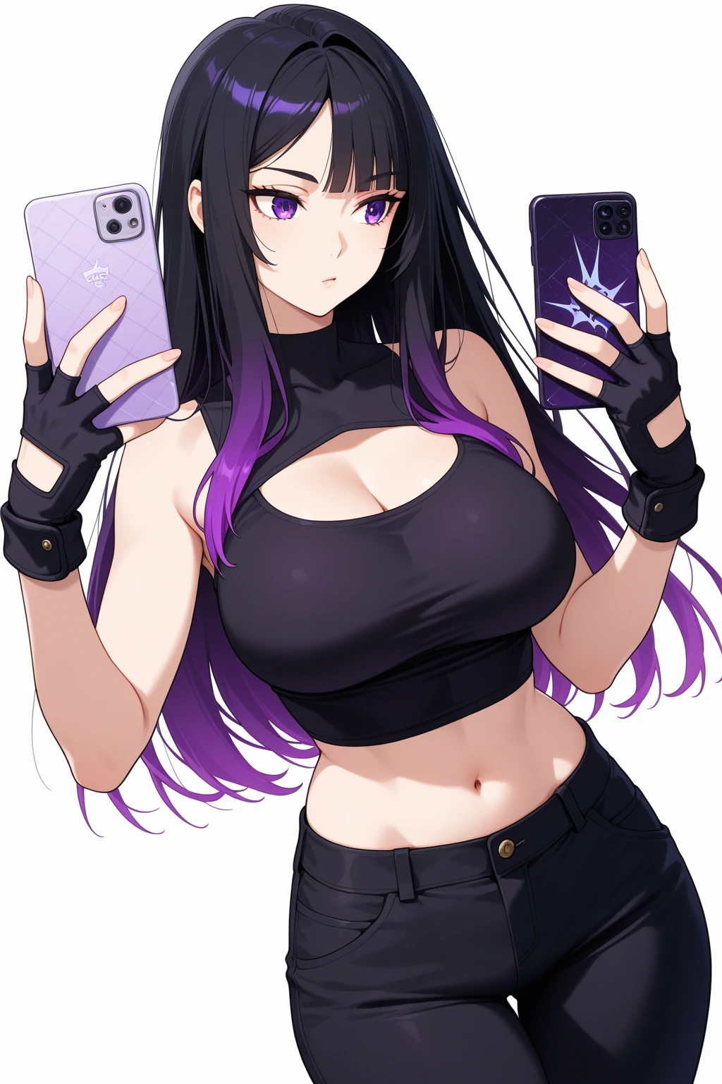 1 girl, 25 years old, (lifelike, high - resolution: 1.3), selfie, short pants, black crop top, purple hair, perfect body, super fine face and eyes, expose cleavage