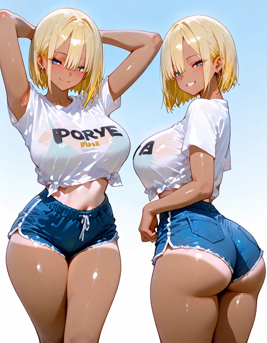 (highest quality,4K,8k,High resolution,masterpiece:1.2),Very detailed, Realistic, photo-Realistic,A woman with good looks,Asian Woman,three woman,stand in a line,cute,cute eyes, stylish female body,baby face, break, large white colored shirt:1.3, break, red colord small panties:1.5, lace, break, long hair, blonde hair,various colored hair, back view, Focus on the buttocks, sandy beach , smile, ((sweaty skin))