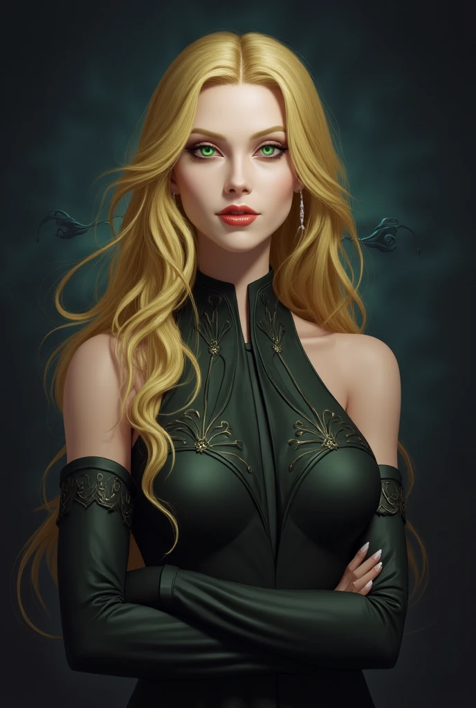 {-erro_de_anatomia:1.0} woman 40 years old, victorian clothes, (green dress), a woman (johanna constantine), very long blond hair, curly hair, (blond hair), (dark  blue 1 eyes), black choker . Indifferent look , merciless, dinamic poses, egoist smile, 