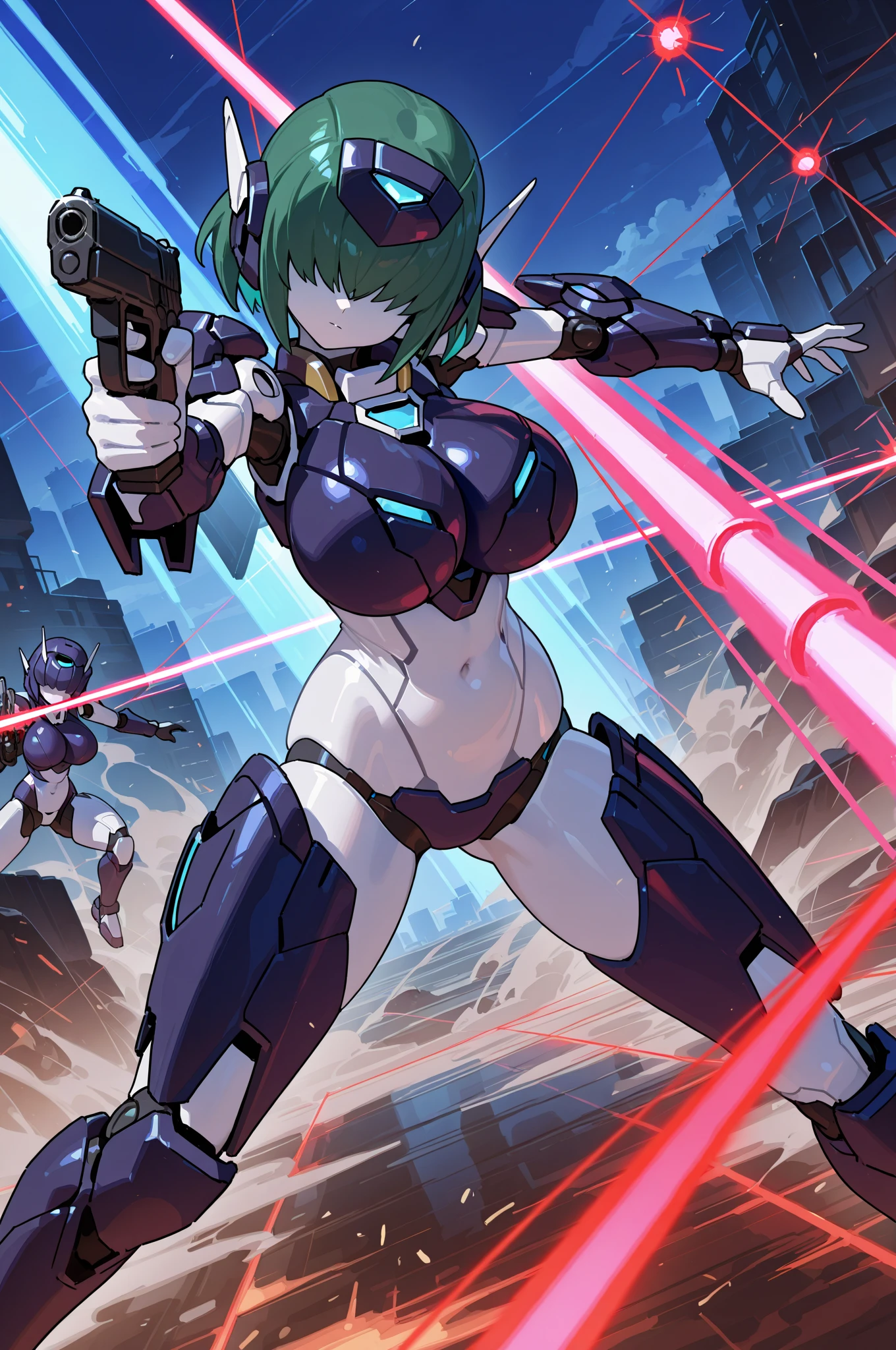 A muscular 21-year-old female,Wearing green doomguy doomsday ocean armor,Big breasts,Holding a huge futuristic rifle,Walking the corridors of the future space station,cleavage