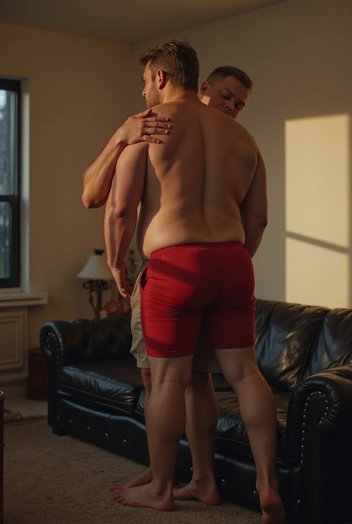 Chris evans sitting on floor with another man . Realistic 4k Realism size difference head reaching on the ceiling size difference growing size Cracks the ceiling wearing tank top wearing swimming trunks size height difference kiss tall adult male low angle inside miniature house