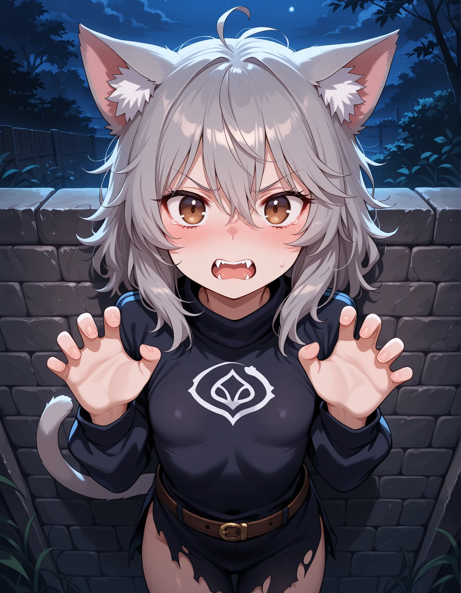 ,, 1girl, petite, (skinny and frail:0.7), cat girl, against wall, stone wall, brown eyes,looking at viewer, grey hair, medium hair, messy hair, angry, (scared:0.4), (open mouth:0.5), fangs, hands up, (tearing up:0.5), tail raised, torn clothes, straight-on, dark, night, outdoors, masterpiece,best quality, amazing quality,