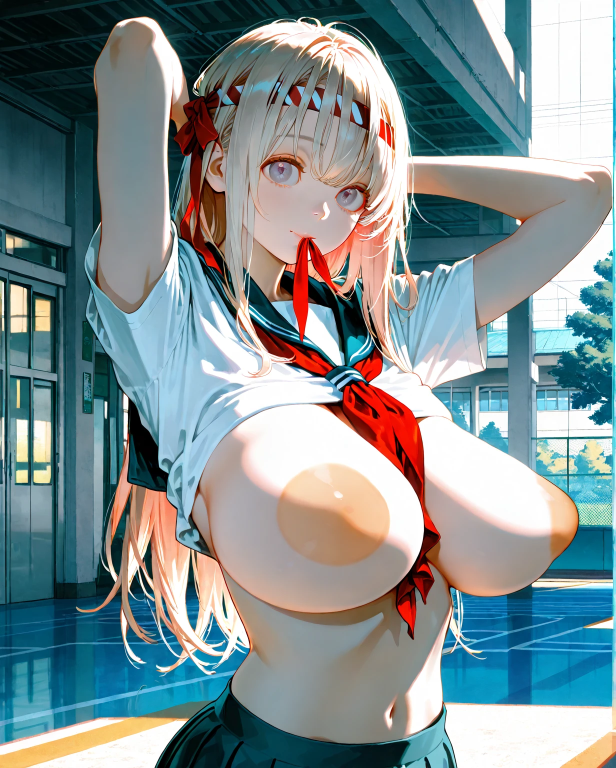 cute school girl,(((1girl))),((beautiful sexy school girl with extremely cute and beautiful blonde colored hair))

(Super huge enormously gigantic breasts, cleavage showing:1.4), huge gigantic saggy breasts,(((blonde colored hair:1.35,colored inner hair,ear breathing,ponytail hair))),((heterochromia:1.5, vibrant blue eyes,perfect eyes,upturned eyes:1.3,beautiful detailed eyes,finely detailed beautiful eyes:1,big highlight on eyes:1.2,slanted eyes)),((fat)),(((real skin texture, lustrous skin:1.5,bright skin: 1.5,skin tanned,shiny skin,very shiny skin,shiny body,plastic glitter skin,exaggerated shiny skin,illuminated skin,wet legs))),(spider lower abdomen,narrow waist,wide hip,curvy body,inflated legs,delicate detailed fingers,detailed body,human hands,(detailed face, long detailed eyelashes, blushing)),muscular,muscular girl,abs,

cute,slutty,horny,seductive,erotic,(((nsfw))),

(((school uniform))),(((huge tits, huge cleavage))),((,detailed outfit,detailed clothes)),

(Sexy dynamic pose:1.0),solo focus,embarrassed,(centered,scale to fit dimensions,Rule of thirds),

Detailed classroom background 

High resolution, sharp focus, (ultra detailed, extremely detailed), (photorealistic artwork:1.37), 8k wallpaper,((synthwave background theme)),((vibrant colors)),(intricate),masterpiece,(best quality),