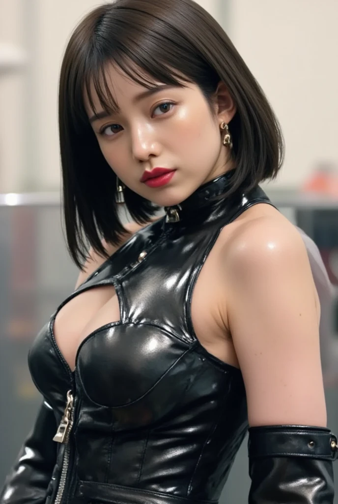 (Cinematic Aesthetic:1.4) Photo of a beautiful korean fashion model with round disco afro wig, super mini ,big bust, Clevage, opened black leather jacket, make up, exposed stomach, sexy look, choker, showing boob, villainess look, evil look, henchwoman vibes, belly button