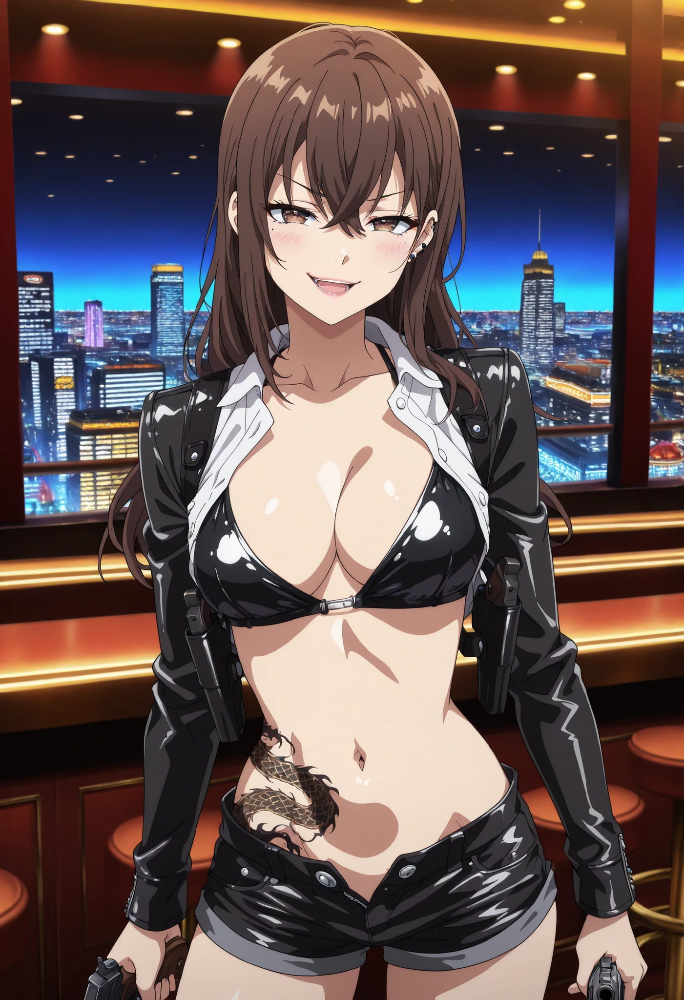 solo, 1girl, kuwayama chiyuki, long hair, choker, blush, lipstick, outdoors, rooftop, cityscape, building, railing, night, night sky, scenery, city lights, Fur trim, mature female, gloves, fur-trimmed coat, masterpiece, best quality, highly detailed, a girls with a gun, evil smile , open mouth, sexy gaze, badass
pose , evil smile, smile, (nsfw) not safe for work, guns blazing, anime girl with long hair, beautiful long
haired girl, navel, evil expression, exposed belly, exposed navel, exposed midriff, exposed lower belly,
long black pants, crop top, cleavage, unbuttoned leather pants ,open fly, low rise black leather pants,
leather jacket, holding a gun,