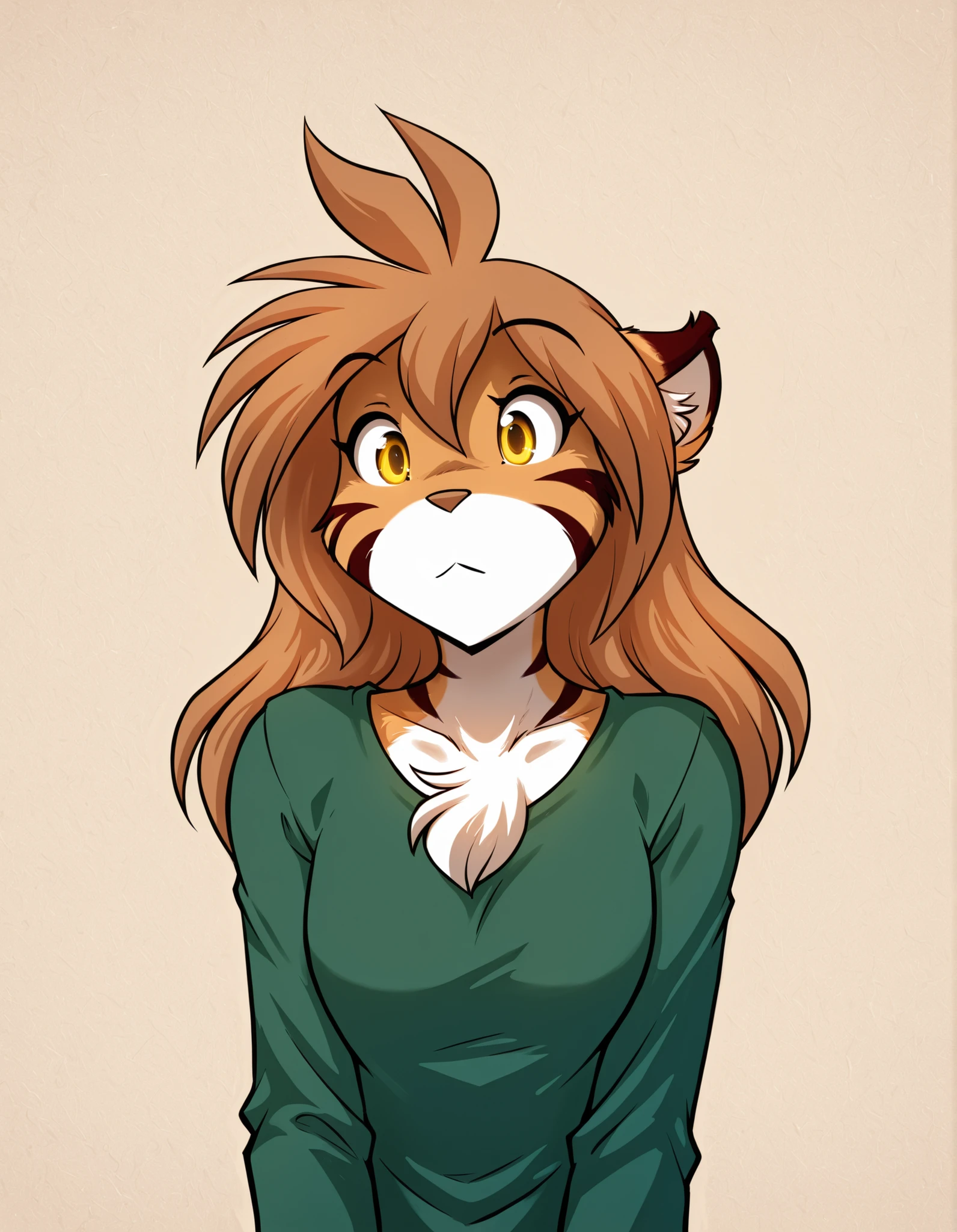 ,, masterpiece, best quality, very aesthetic, 1girl,, furry, solo, flora-twokinds, flora_twokinds,, tiger, striped fur, keidran, yellow eyes, anthro,, green shirt