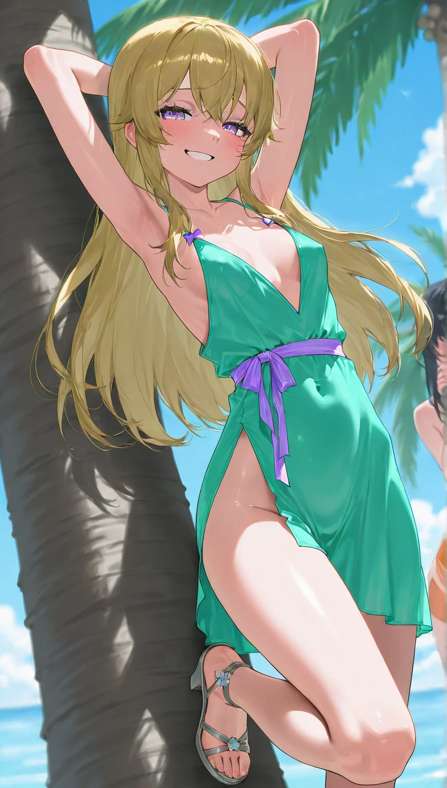 masterpiece, (sharp focus), a young woman with long blond hair, hair strain in between eyes, age 23, cool haircut, wearing sunglasses, green bikini bra, (see through bikini), flowing green skirt, front view, confident smirk, sunbeams, warm atmosphere, high quality, natural lighting, 8k uhd, full-size picture, full-body picture, (perfect hands), pointy nipples, (from below) viewpoint from below