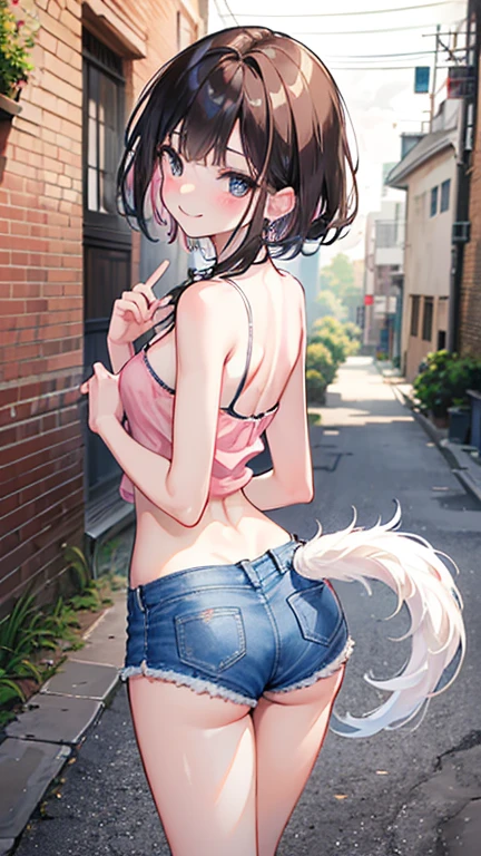 (8K、Highest image quality、best quality、masterpiece)、Detailed face、((two :2))、brown hair、short hair、brown eyes、smile、((Grinning))、earrings、((small breasts))、((pink camisole))、((Denim shorts))、Cowboy shooting、black hair、Double tail、light blue eyes、smile、((Grinning))、earrings、((small breasts))、((White camisole))、((Denim shorts))、Cowboy shooting((back alley background))、((National Science Foundation))fluid in ass、Fluid on the thighs、flowing liquid(Attractive ass:1.2),、exposed、disheveled、Clothing that fits snugly，Exposed chest、(((Wet clothing))),tube top，(((ultra-thin clothing))),(Body model),((body outline)),(Stride),grinning, blush,Hyperactive expression，Rubbing hands on crotch，raised vulva contour，saliva，