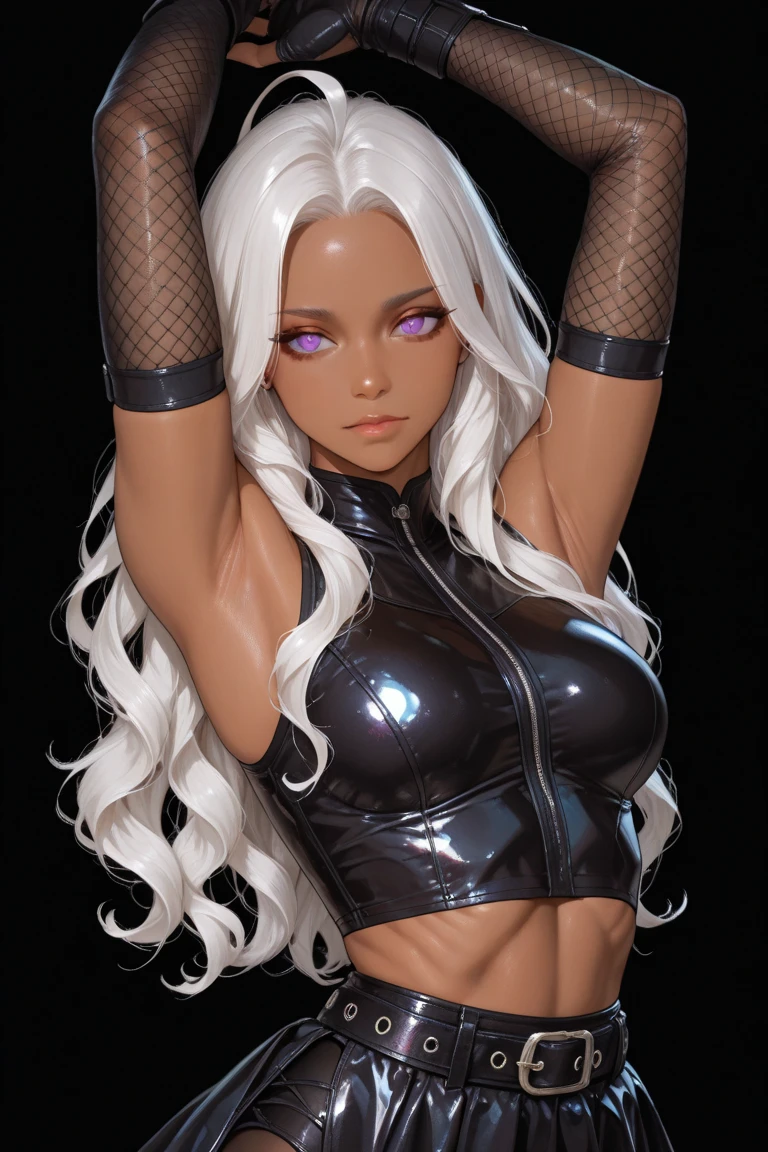 full body standing symmetrical barefeet ((black skin elf girl))), (((red ruby eyes))), (((long white hair))), (((breasts:1.2))), (((solo))), shackles on legs and arms together