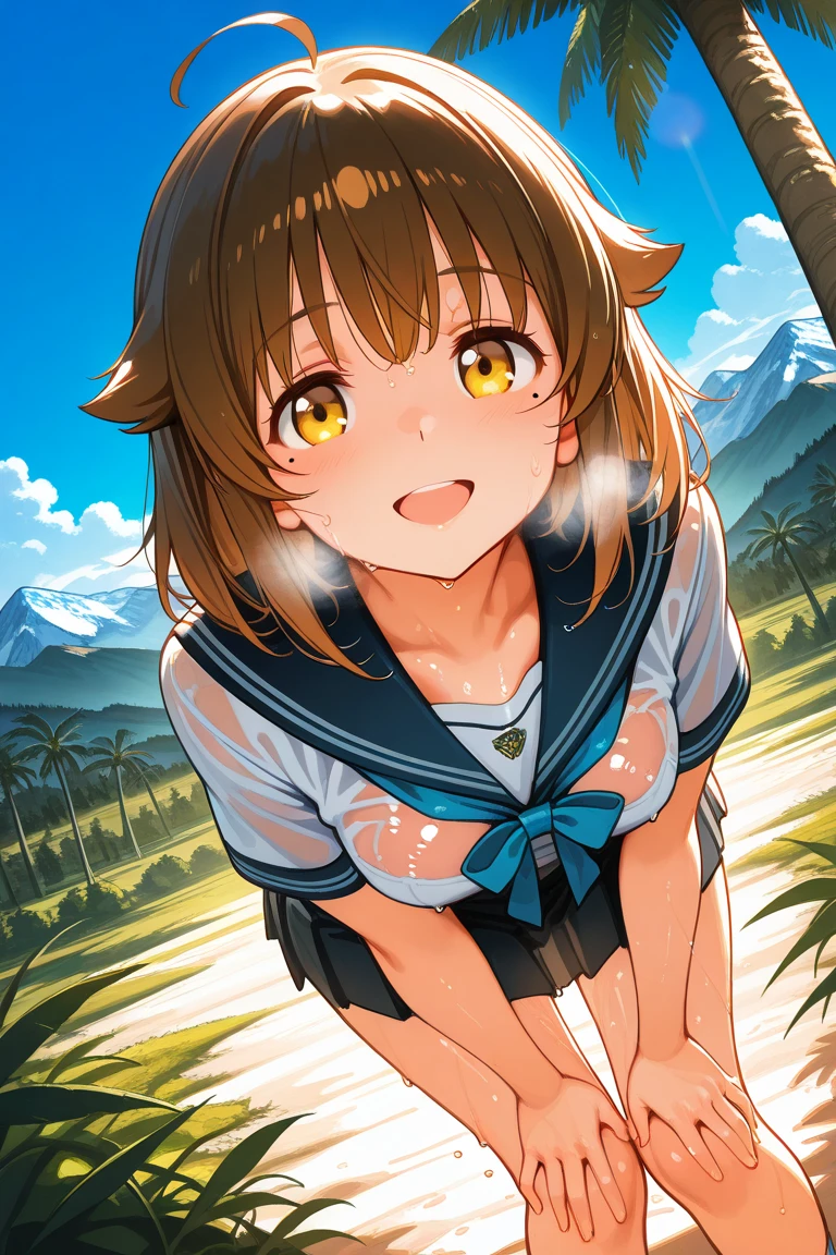 Smooth anime CG art、focus only、1 girl、(((View from below)))、(((Upper body)))、(((全?????)))、((full nude))、?????、(((?????足)))、(((barefoot)))、(((The shape of the ???????? is clearly visible)))、(((Nipples are clearly visible)))、(((small breasts)))、(((dripping sweat)))、semi short hair、(((sweaty)))、Watery eye、blush、(((embarrassed look)))、(((open your mouth)))、(((squatting down)))、(((spread your legs wide)))、((night sky))、midnight、(((grassland)))、outdoor