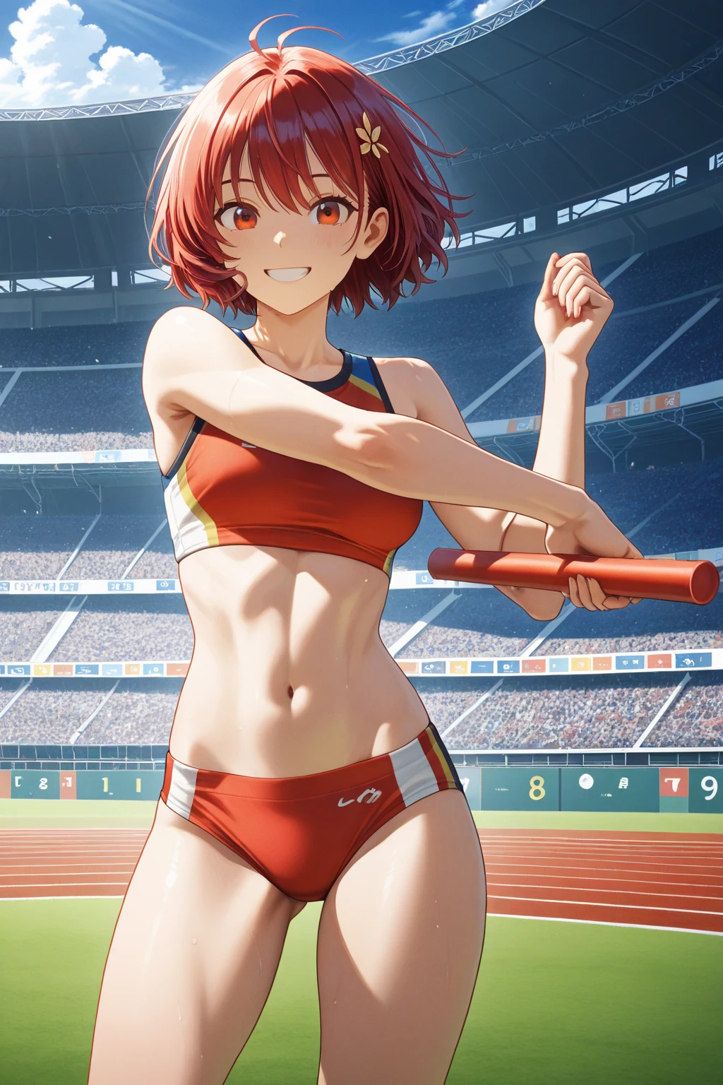 ((highest quality, High resolution, Perfect Pixel, Depth of written border, 4k)), 1 girl, (Beautiful Anime Girls), Depth of written boundary,
close, Watching the audience,
Perfect body,
yuigahama yui, short hair, ponytail、
(blush:1.2), Sweat、smile、Leaning forward、
rikujou, track and field,
track uniforms, sportswear, sports bras, sports bikinis
