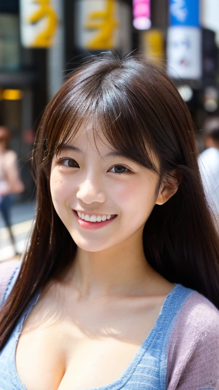 masterpiece,best quality,(Japanese ),((Beautiful girl)),cleavage,(perfect body beauty:1.2),(shy smile),beautiful teeth,(Blurred background of brick buildings),