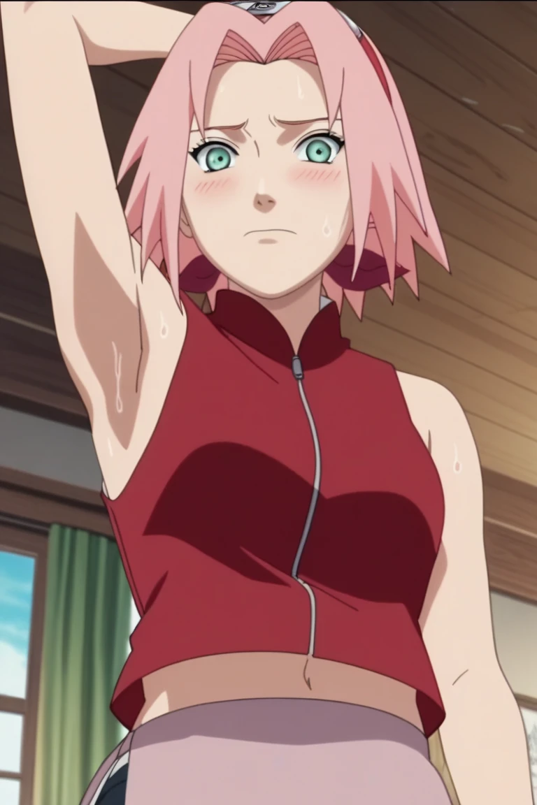 obra de arte, melhor qualidade, 1 garota,haruno sakura, cabelo rosa, cabelo curto, olhos verdes, shorts de bicicleta, luvas pretas, hair elastic, sem mangas, bandages, view from behind, corpo todo, standing, blue sky, nuvem, vila escondida