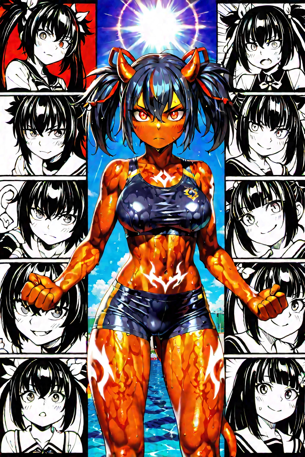 trained abdominal ,Trained deltoids, Brown skin, Dark Skin,Shortcuts,Black Hair,Exposed Abs,Shoulders are exposed,Tribal costume,Red face paint on the cheek,Realistic Armpits,One arm raised above head,Anime Art, The whole body fits into the angle of view, Sweat, Contrasting blue sky,Early teens,smile,The body is slim,woman,Childish impression,Tempered thighs,Oblique Muscle,muscle shadow,boyish,High leg,Pose showing armpits,Low - Angle,Mischievous impression,Thigh muscles