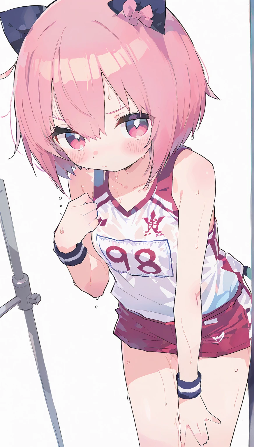 Pink hair Pink eyes、 girl、Small breasts、Hair Bun、girl、Small breasts、A cheerful smile、Looks about 15 years old、Petan Musume、He is short【prompt】
BREAK (Japanese school old style sportswear:1.3), ((soft cotton material, non-shiny material):1.3), (oversized soft cotton short sleeve white tunic with U-neck:1.4), (blue lines on tops outline:1.3), ((Slim fit, closed-fitting) (deep-blue panties shorts, soft cotton deep-blue competition micro shorts, soft cotton deep-blue bloomers):1.3), ((groin, upper thigh skin):1.3), (white socks:1.3), (sports shoes:1.2),