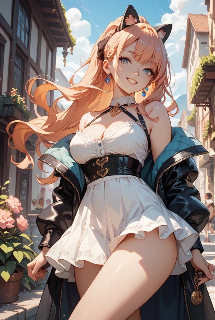 official art, masterpiece, sharp focus, (beautiful gorgeous cute Korean woman:1.3), (beautiful cute korean:1.3), korean beauty, Delicate and beautiful hair and eyes and face, realistic, ultra detailed, beautiful girl, blue sky, glow white particle, (sidelighting:1.2), sun light, white cloud, detailed clouds, slender, Lovely very large breasts and very large hips,showing pink slip and smiling, ((laugh with pink eyes, wink eyes)), scenery, long straight hair, sexy facial expression, building, (cityscape:1.7), dynamic hair, long straight hair, detailed blonde hair, glow pink eyes, (fiery rose pleated skirt+white off shoulder blouse), white long socks, pale skin, epic scenery, (Tiara:1.5), streaked hair, (Star-shaped pupils), hair ornament, Princess white gloves, Wet body