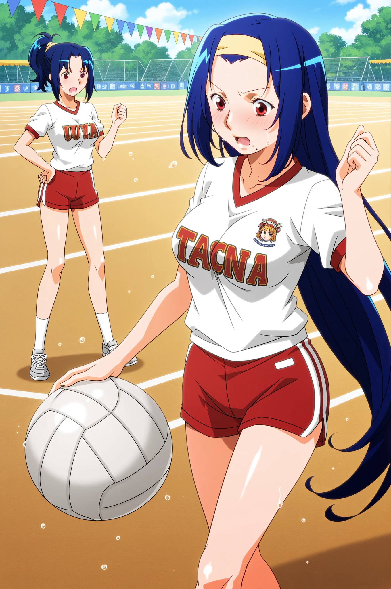 (artwork, Best quality, detailed), 1 girl, Alone, looking at the viewer, Jaí, long hair, braid, hair flaps, very long hair, single braid, hair between the eyes, a blue football sports shirt ,blue shirt,manchester city