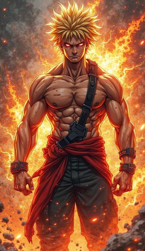 A strong twink man, muscular with short, orange undercut hair and freckles, stands in a battle-ready stance with his arms crossed. He is shirtless, revealing his well-defined torso and arms, covered in intricate flame tattoos that extend across his entire chest and back. He wears fitted pants adorned with flame patterns in red and black. His smooth, well-groomed underarms are visible, and the surroundings are ablaze with warm hues of red, orange, and gold, creating a dramatic and intense atmosphere. Flames erupt around him, casting dynamic shadows and emphasizing his readiness for combat. The ground is covered in glowing embers and ash, reflecting the fiery nature of his element. The image is rendered in a photorealistic, hyper-realistic 8k style, with vibrant HDR and chiaroscuro lighting that highlights the fiery energy and motion of the scene. His eyes burn with a fierce intensity, showcasing his mastery of fire and his readiness for battle.