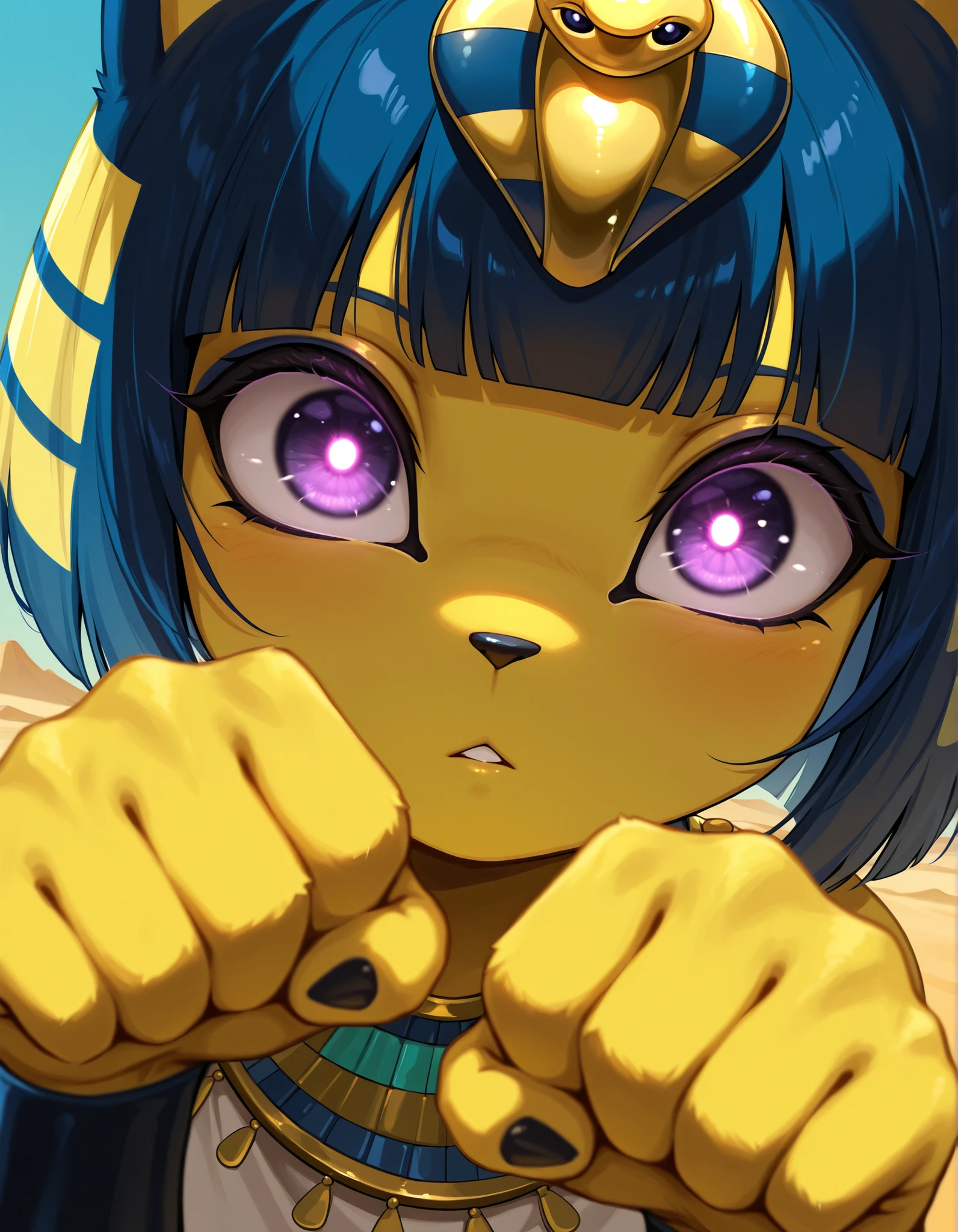 ,, depth of field, 1girl, furry, ankha \(animal crossing\), expressionless, eye reflection, yellow background, yellow theme, blue background, desert,, purple eyes, glowing eyes, wide-eyed, paw pose, looking at viewer, close-up, parted lips,