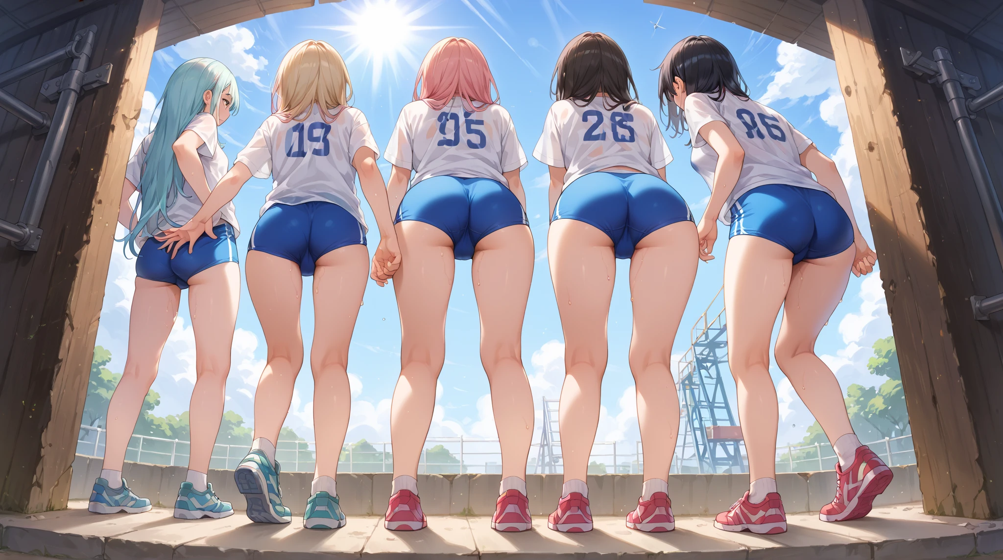mastute piece,Best Quality,insanely detailed,8k cg,nsfw,
(shoot from behind:1.4,shoot full body),(long shoot),(2girls:1.2),symmetry,(2girls line up butts in a row:1.4),(2girls looking back at viewer:1.4),(hold on the net:1.4),(stick out butts:1.4),(grab net with both hands:1.4),(bent over:1.2),(same pink volleyball uniform,break,red buruma),
break,
blush,shy,ecstasy face,gasping,(trembling:1.2),pink hair,
break,open mouth,volleyball court,