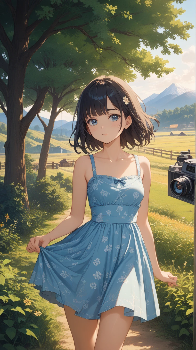 (8k,best qualtiy,tmasterpiece:1.2),(realisticlying,realisticlying:1.37),ultra - detailed,best qualtiy,超高分辨率,profesional lighting,photon maping,Radio City,physically-based renderingt,cinmatic lighting,grassy fields,Depth of field where it rains,Clear focus,rays of sunshine,Good composition,(bokeh:1.2) 1girl,solo,(close up view), 美丽细致的眼睛, grin face ,pose, a narrow waist, Bigchest, (She wears a short skirt in a blue JK uniform,JK skirt,blue colors),black color hair,messy hair,Long hair fluttering in the wind,(ulzzang-6500:1.2)