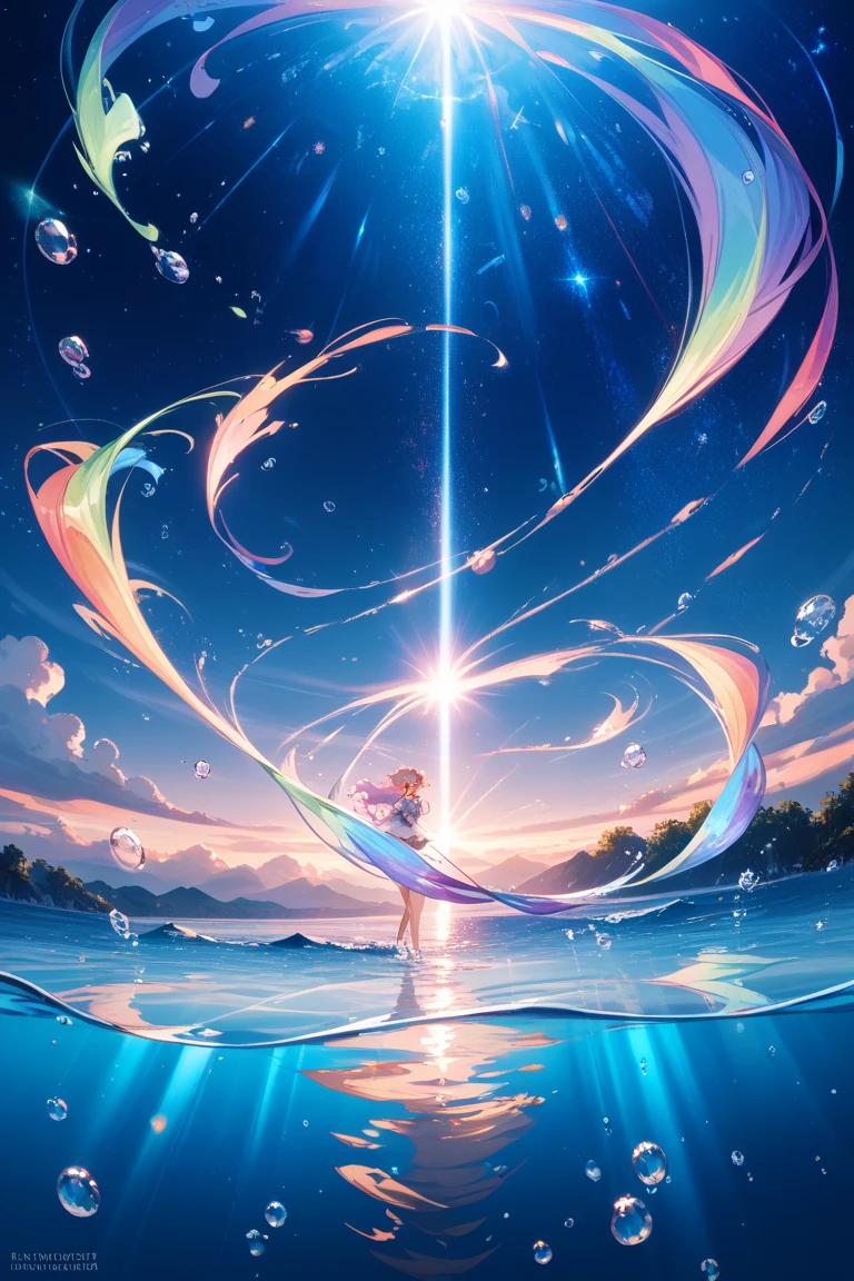 Closeup of Clear Water Drops, Galaxies Reflected in Water Drops, Rainbow Particles of Light, Mysterious Nebula Reflections, Fantastic Underwater World,Mysterious Light Shining in Rainbow Colors， Light Symbolizing Hope, Flickering Water Ripples, Deep Blue Hues, Magical glow, Dreamy Atmosphere，best quality，8K，the background is white，
