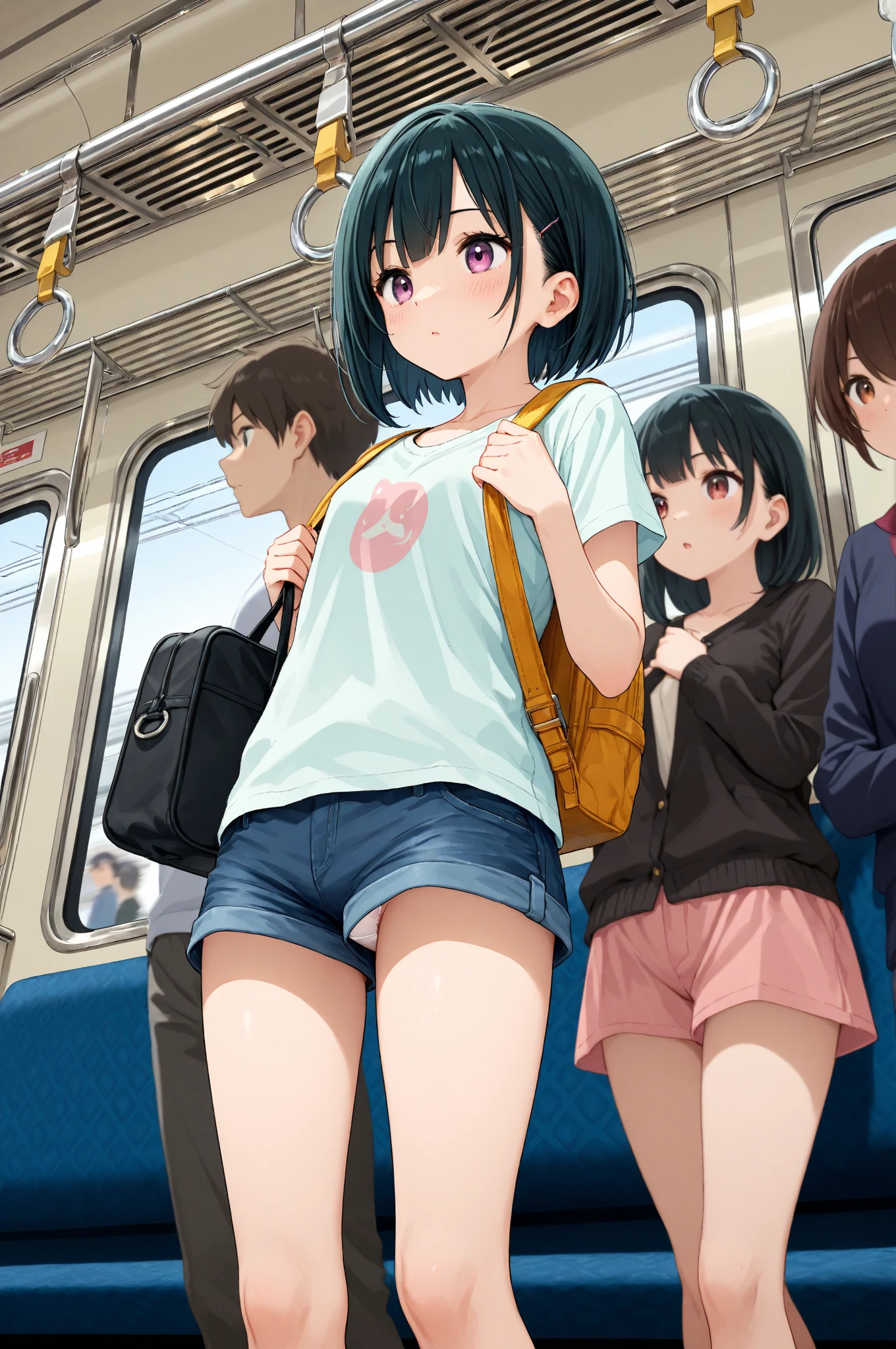 A naked middle-aged man puts his penis into the mouth of a small-breasted girl with black bob hair, eyes wide open, crying on a train, her nipples erect, and pale pubic hair flowers, topless and wearing floral panties and a checked skirt, feeling embarrassed and scared as she resists.、whole body
