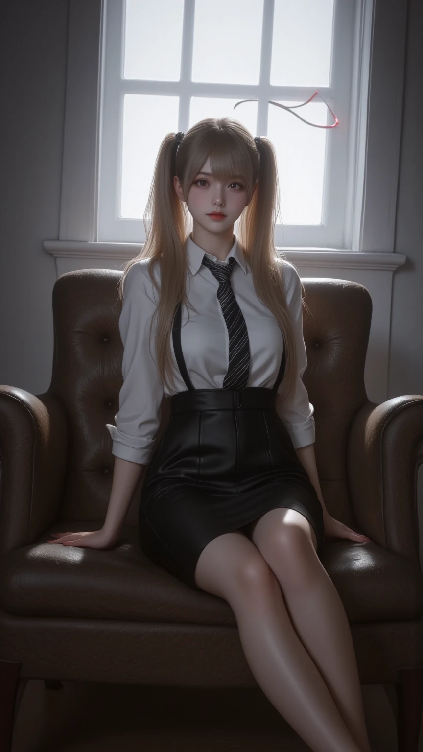 Big eyes woman with bright brown hair and long lashes wearing plaid suit with legs spread