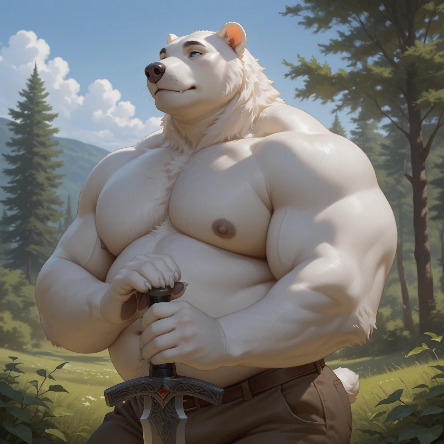 by personalami, by honovy, by thebigslick, by taran fiddler, male, solo, anthro (polar bear), adult, photorealistic, hyperrealistic, ultradetailed, natural pose, (muscular, beefy, belly), ((standing)), balls, (erection:1.2), (detailed eyes:1.2), (nipples:1.2), ((naked)), (hairy), ((front view)), ((foreskin)), ((shy)), (detailed background, bedroom), ((priest))