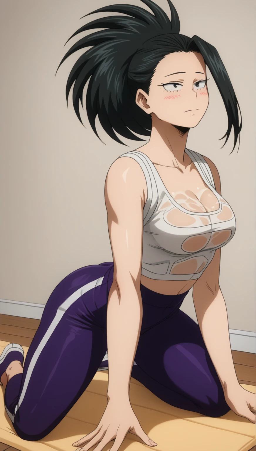 (blush cheeks_arched back_Looking at viewer:1.5)_(from behind:1.4)(large ass:1.5)
BREAK
(cowboy shot:1.5)
BREAK
masterpiece, best quality, high resolution, highly detailed, HDR, intricate detail, ultra detailed,
BREAK
<lora:Yuzuriha_moewaifu974:0.75>_medium breasts_absolute cleavage_ Purple eyes, black Purple hair, single hairbun(cleavage:1.3)
BREAK
(Crop top , leggings:1.5)
BREAK