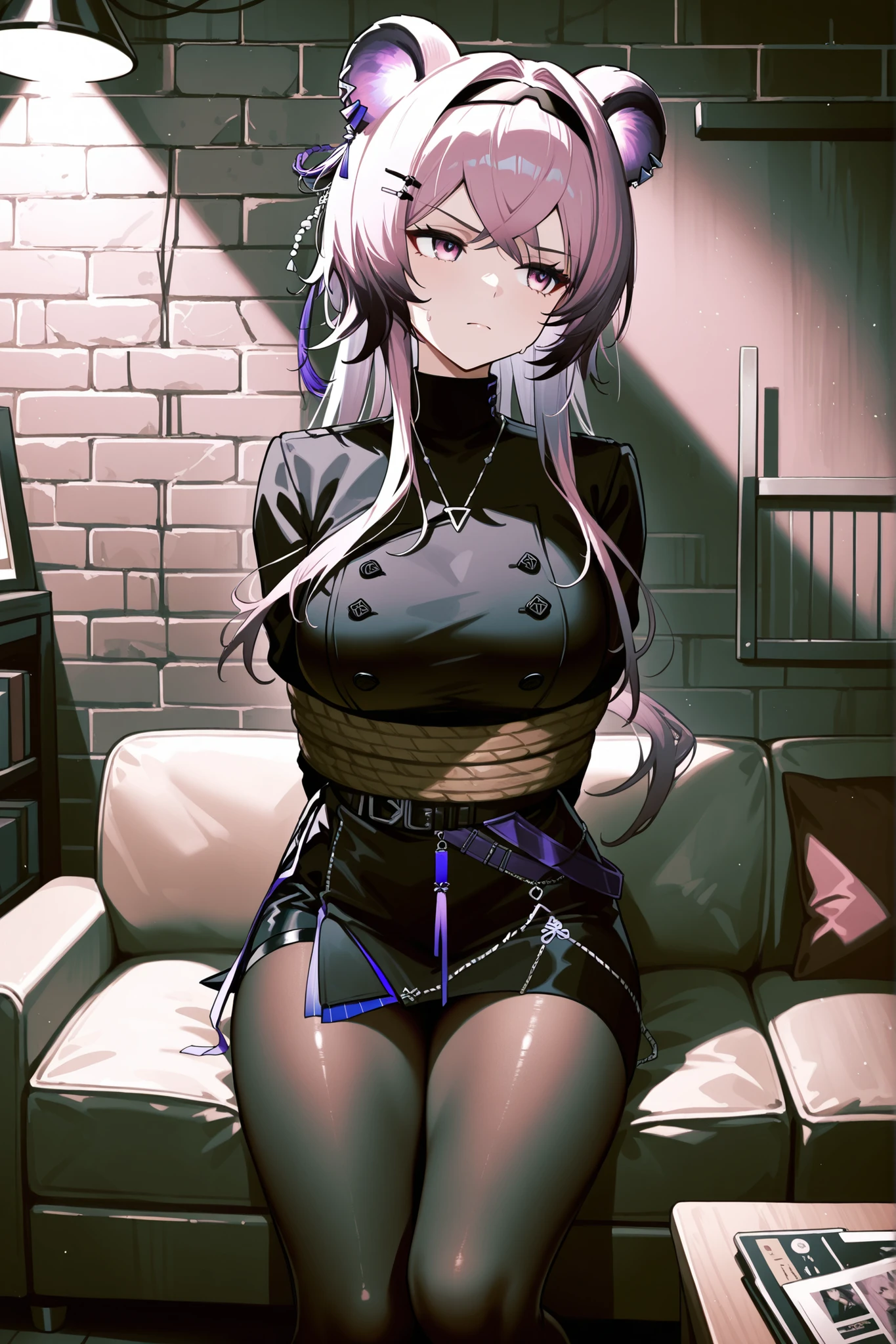 beautiful young girl 16 years old, White hair, tied and gagged, the place is a dark dungeon