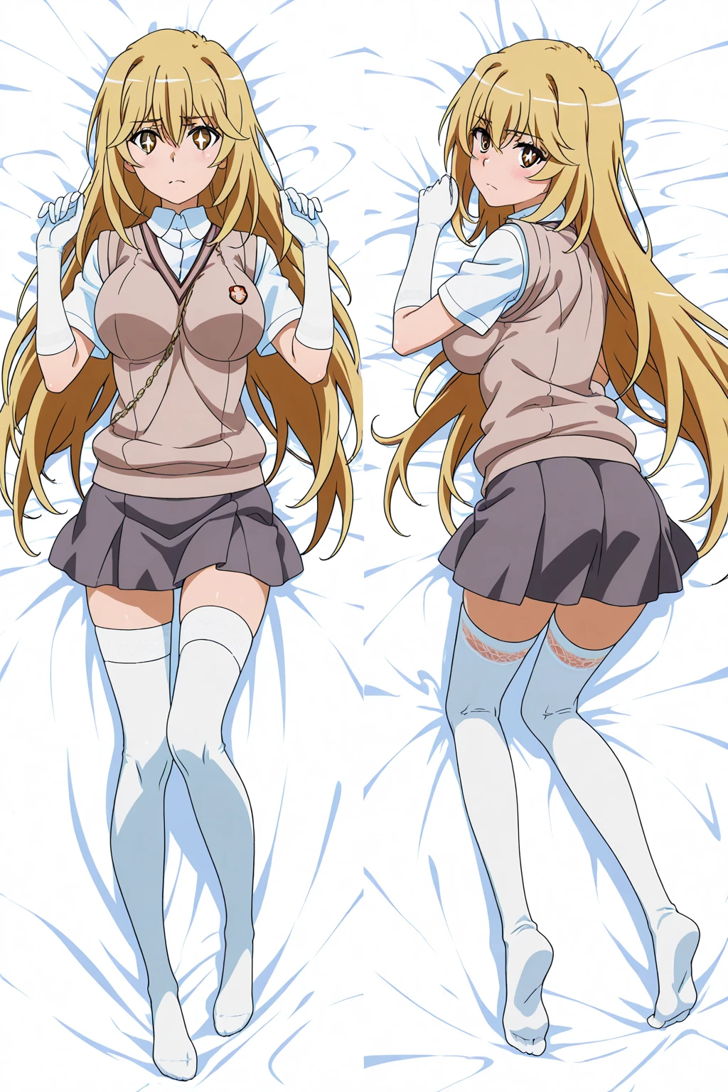 Airi Akisuki, topless, panties, pink panties, White background, arms on his own chest, wearing black stripedsocks, ((pink striped) thigh high socks),, full body, bed, lying on the bed, sexy legs, beautiful naked girl wrapped in a red gift bow, dakimakura,