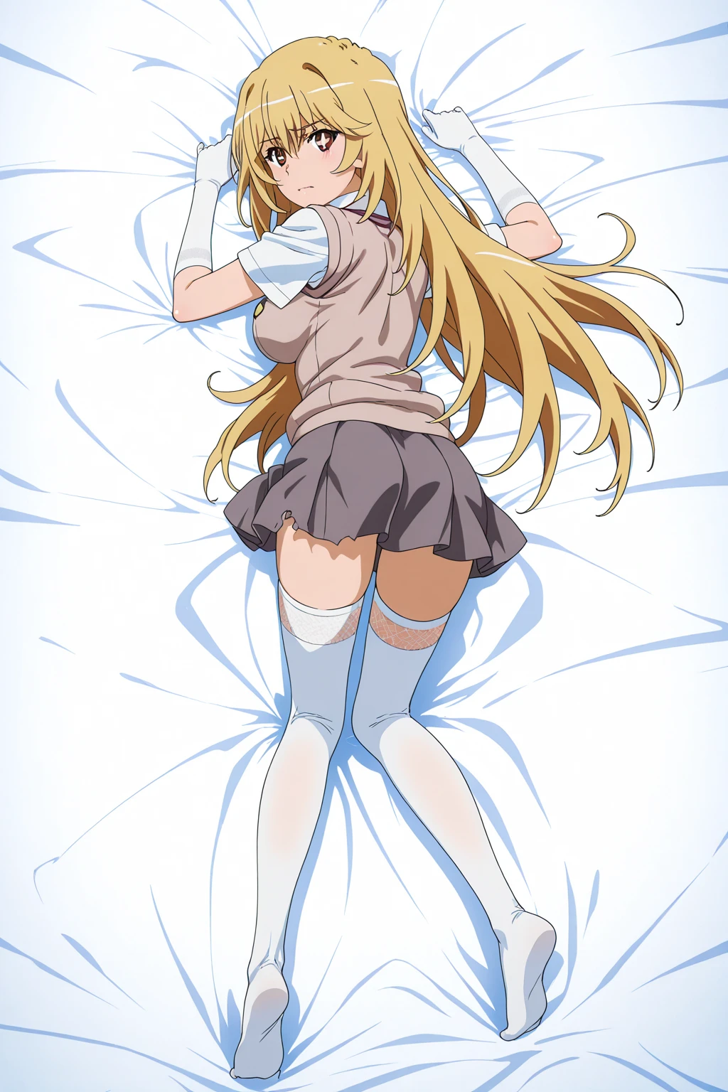(((Pixel Perfect, Perfect detail))), One Girl, alone, From above, Asuka Langley Soryu, (Soryu Asuka Langley:1.2), Long Hair, bangs, blue eyes, Brown Hair, hair ornaments, skirt, shirt, ribbon, , white shirt, Short sleeve, blue skirt, suspenders, clock, suspender skirt, wristclock, Tokyo 3rd Junior High School , (Lying in bed:1.3), (Showing panties), (Showing panties:1.3), indoor, whole body