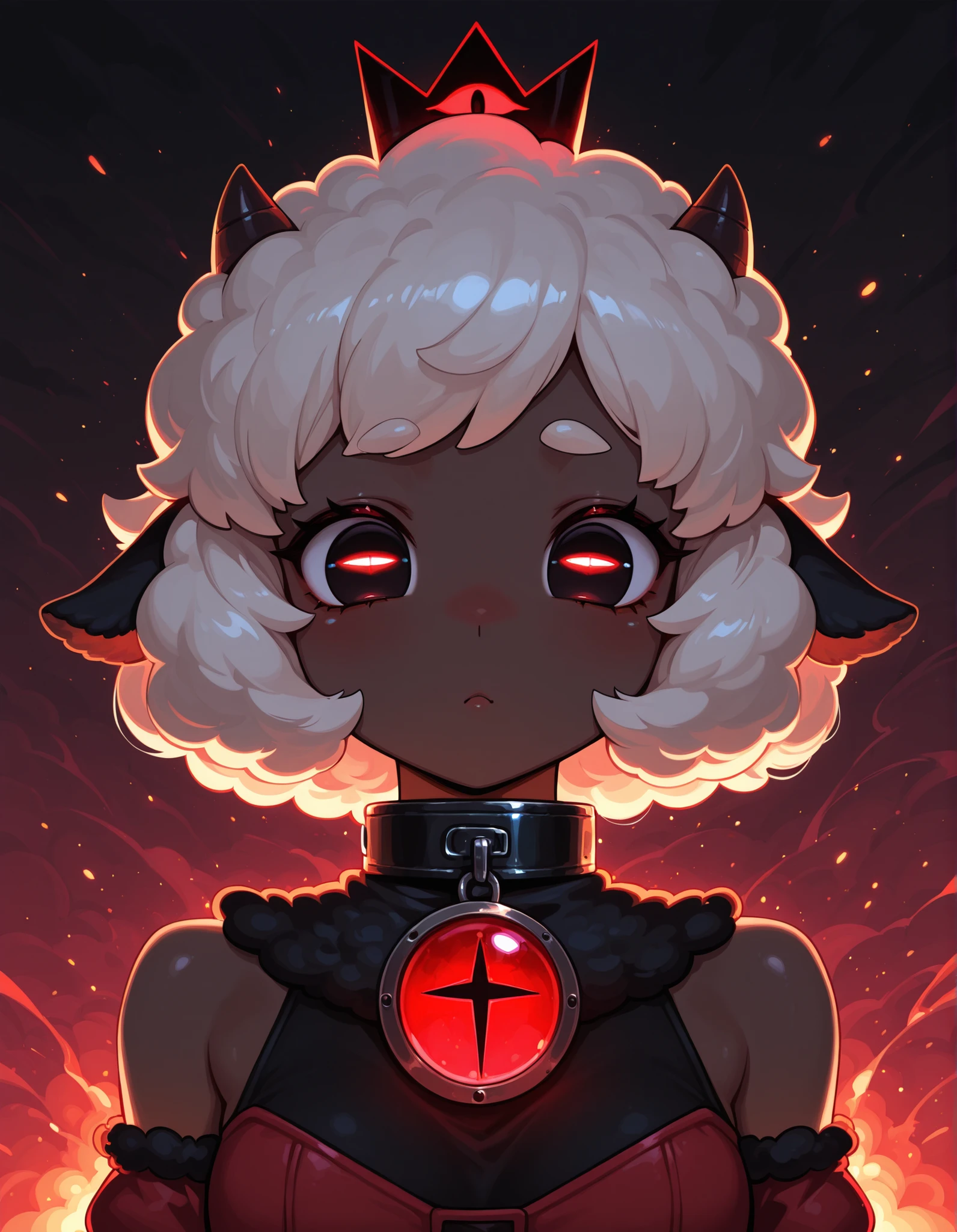 ,, masterpiece, best quality, very aesthetic, 1girl, solo, cult of the lamb, sheep girl, collar, horizontal pupils, red/black eyes, red crown,