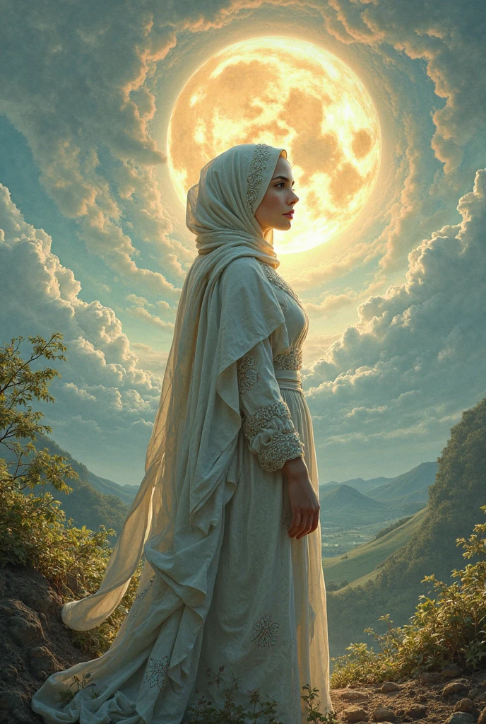 generate an image for youtube banner in which,"A hijabi woman, dressed in regal, flowing robes adorned with golden embroidery, stands on a floating island in the sky. Her hijab flows behind her like a cape, catching the light of the setting sun. Around her, floating palaces and gardens made of clouds and shimmering crystals stretch into the distance, while mystical creatures soar through the air."

